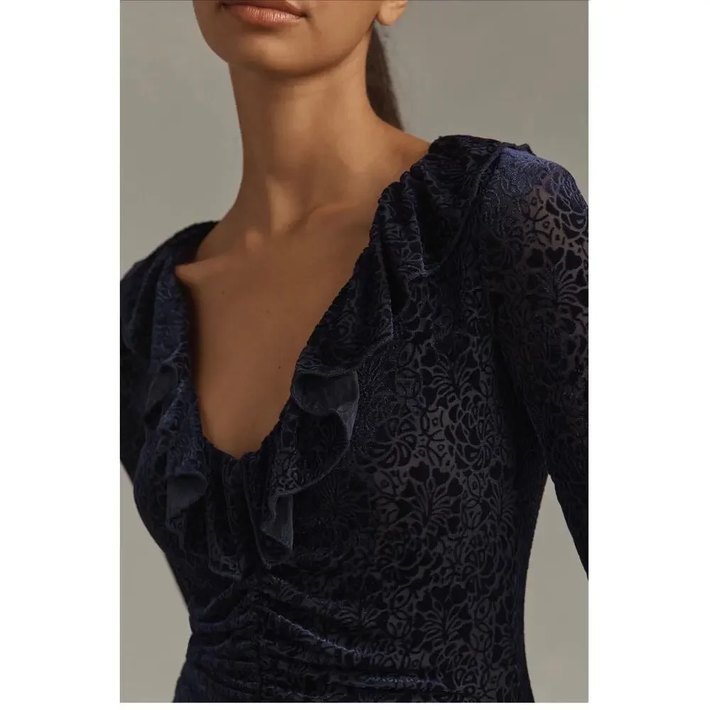 Anthropologie Blue Velvet Ruched Maxi Dress Size Med Ruffle Bodycon Formal - Picture 6 of 15